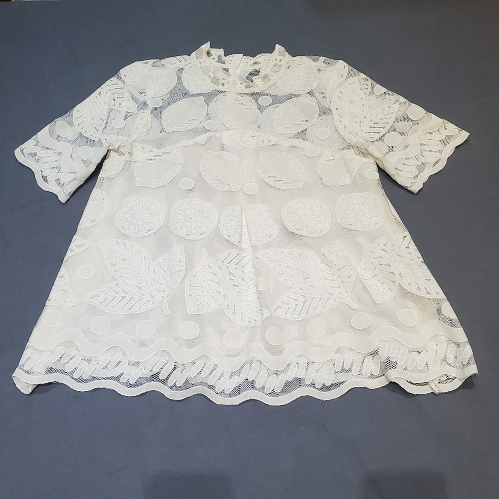Anthropoogie HD in Paris Lemon Lily Lace Blouse White Mock Neck Boho Size US 6